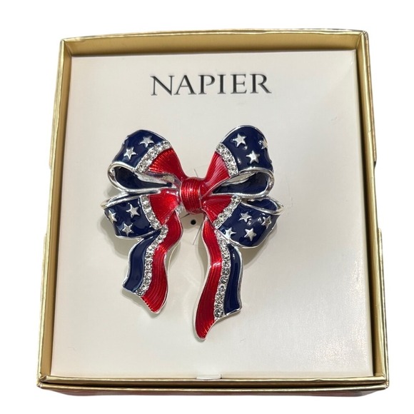 Napier Silver Tone Americana USA Flag Ribbon Bow Pin 2.25" Patriotic Pride NIB - Picture 1 of 5